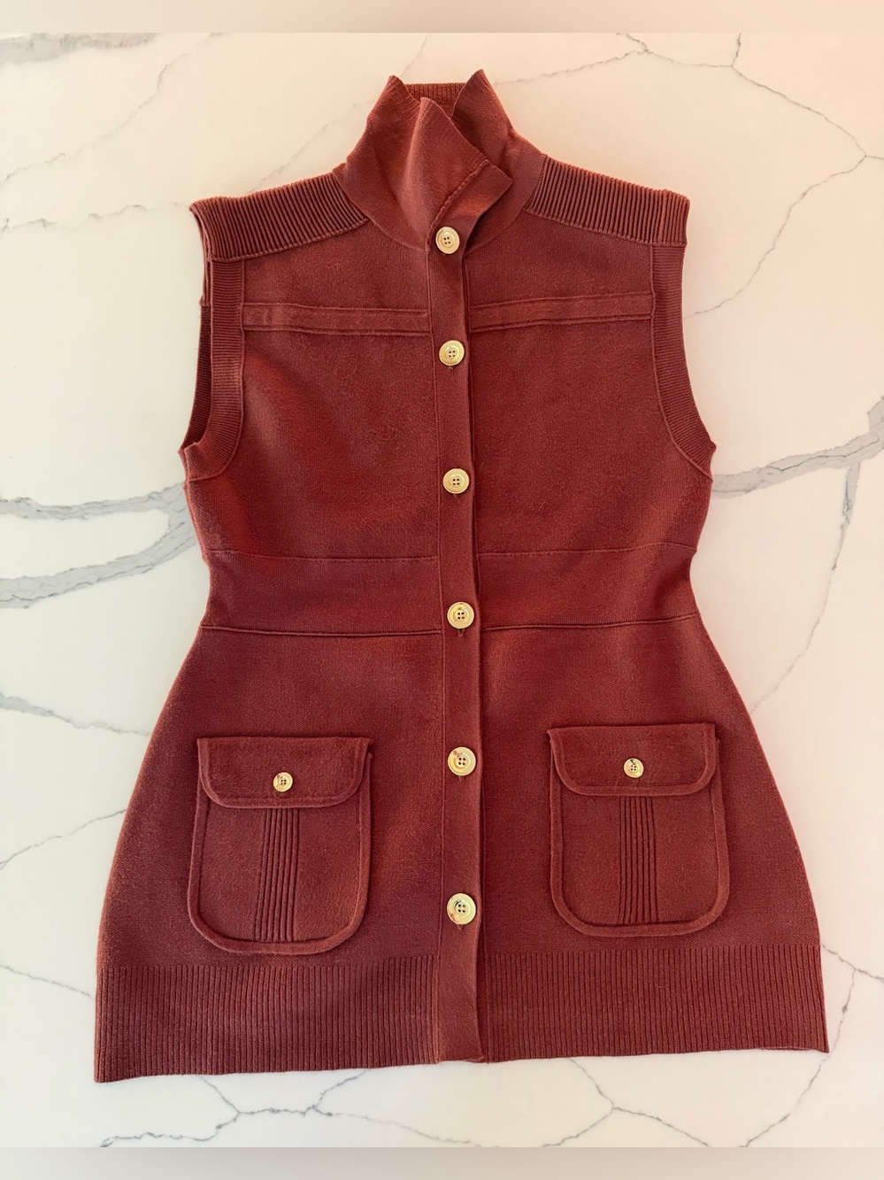 Maeve Rust Button-Front Sleeveless Knit Mini